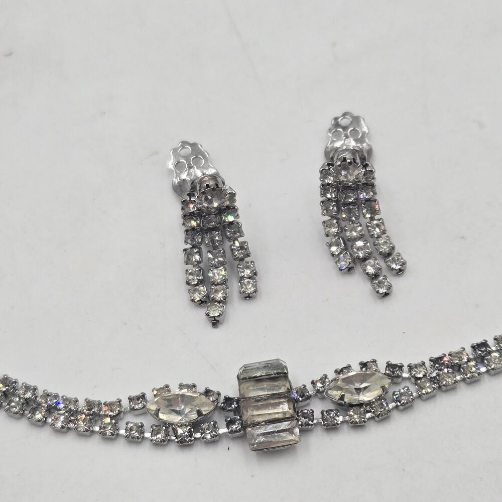 Vintage Silver Tone Baguette Rhinestone Statement Earrings Bracelet Demi Parure